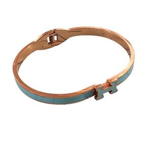 Vintage‎ Turquoise Enamel Hinged Bangle Bracelet Brass Tone Oval Stackable
